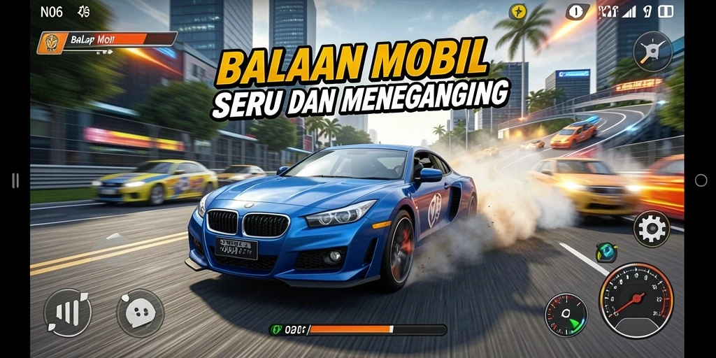 Tampilan antarmuka N06 yang menarik dan fitur balap mobil yang seru.